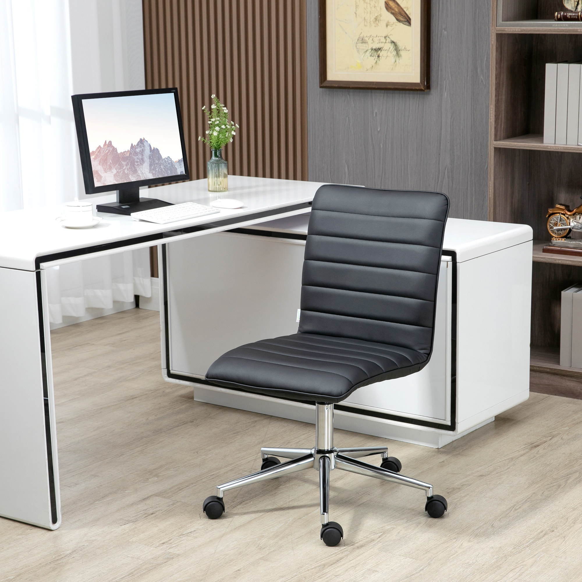 Silla de Oficina Ergonómica Silla Escritorio Giratoria con Altura Ajustable Respaldo Tapizado en Piel Sintética Carga 120 kg 47x57x76,5-86,5 cm Negro