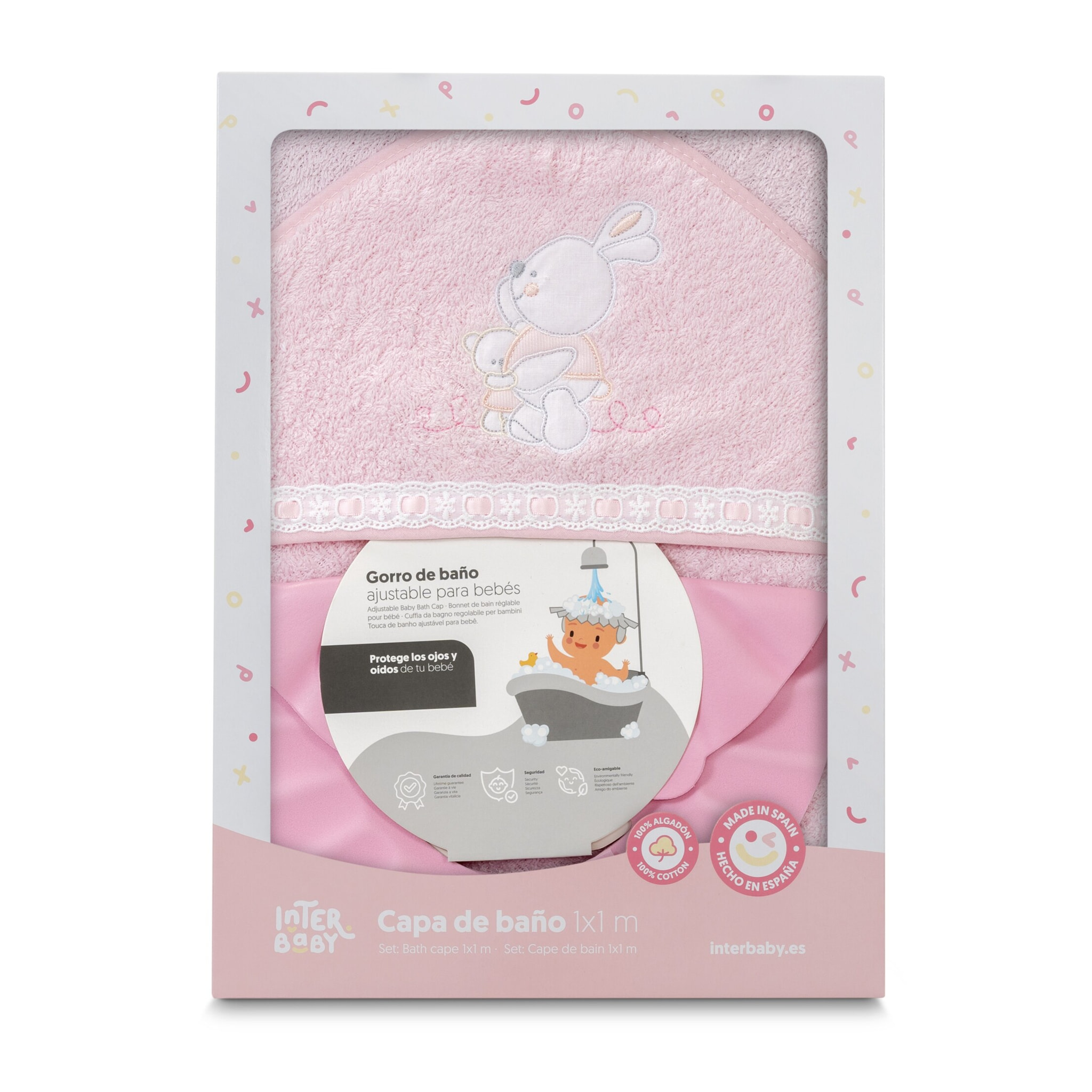 Capa Baño 1X1 Mod Conejitos Abrazos Pasacinta + Gorro Rosa