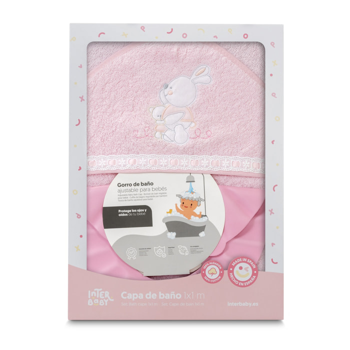 Capa Baño 1X1 Mod Conejitos Abrazos Pasacinta + Gorro Rosa