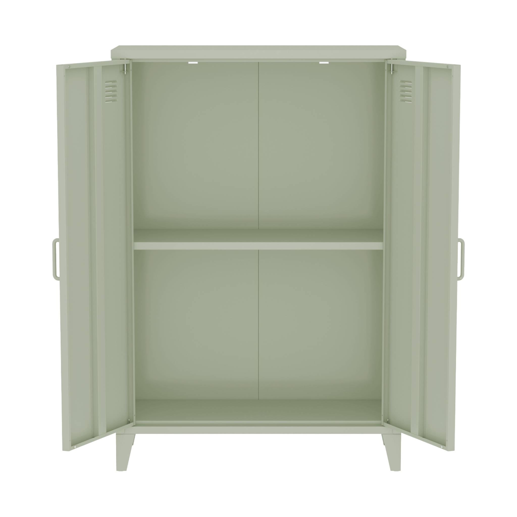 Commode/armoire en métal vert. 2 espaces de rangement. casiers