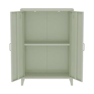 Commode/armoire en métal vert. 2 espaces de rangement. casiers