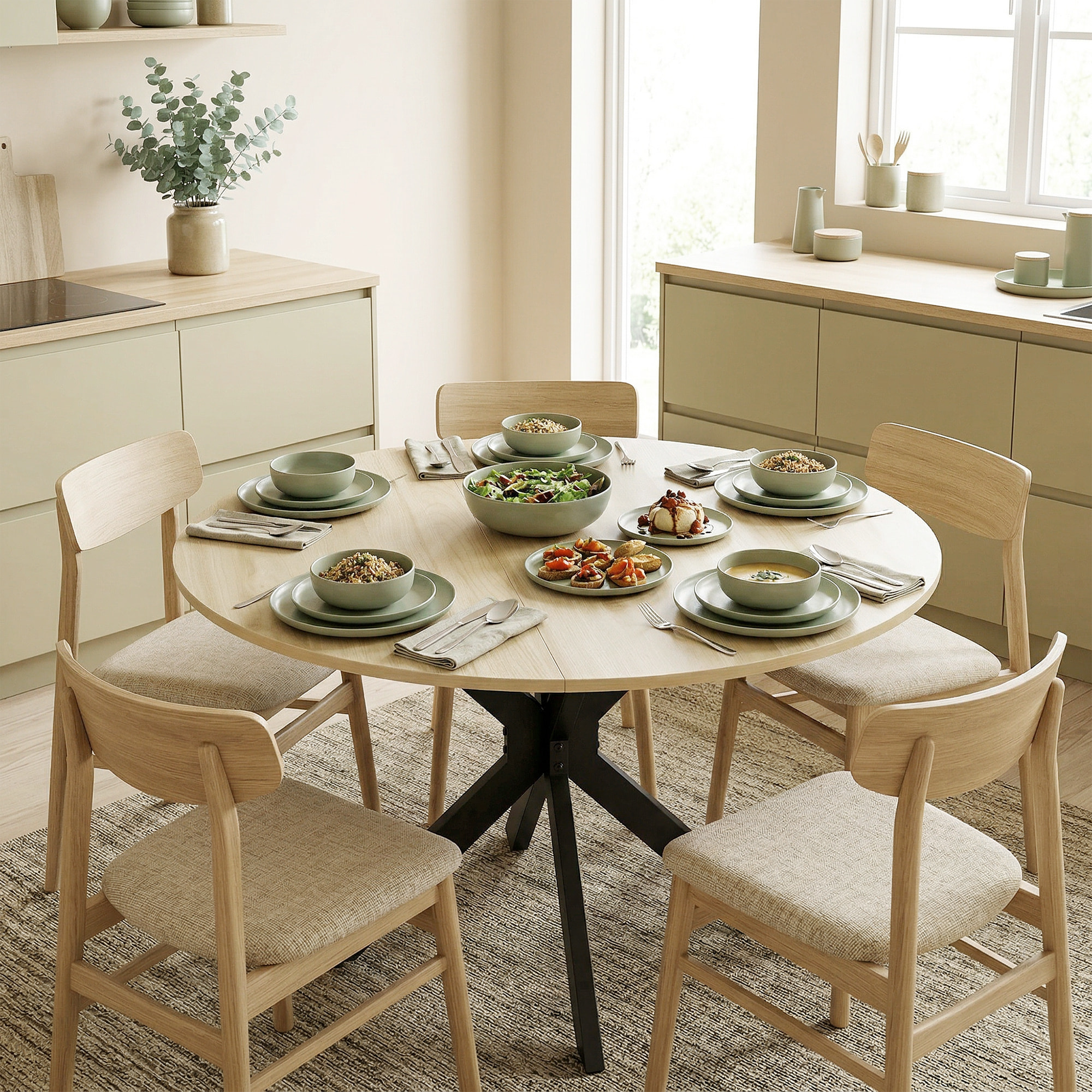 Mesa Plegable de Comedor, Mesa de Cocina Plegable Redonda, para 2-6 Personas, con Ala Abatible, Marco de Acero Doble X, para Salón, Espacio Pequeño, Ø110x76 cm, Natural