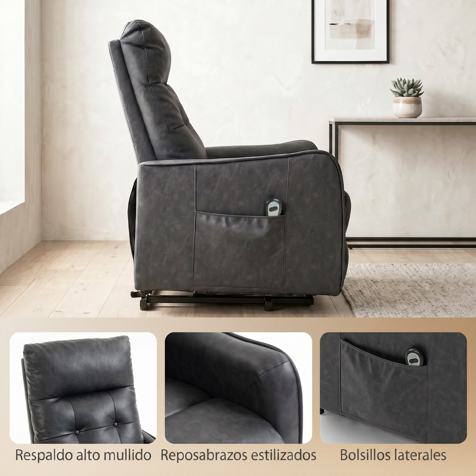 HOMCOM Sillón Relax Reclinable Eléctrico Levanta Personas, Tapizado en Cuero PU, Sillón Elevador con Control Remoto, Asiento de Muelles, Reposapiés, Respaldo Alto, Bolsillos Laterales, Gris