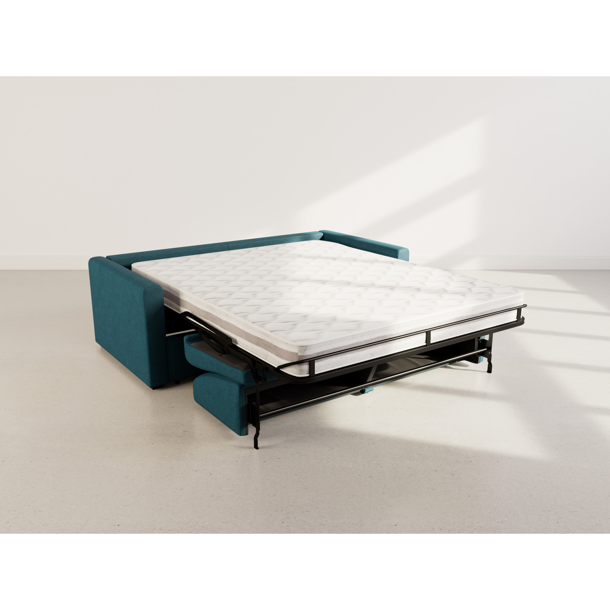 Julia - canapé lit 3 places convertible express couchage quotidien 140 cm matelas 18 cm en tissu - Bleu