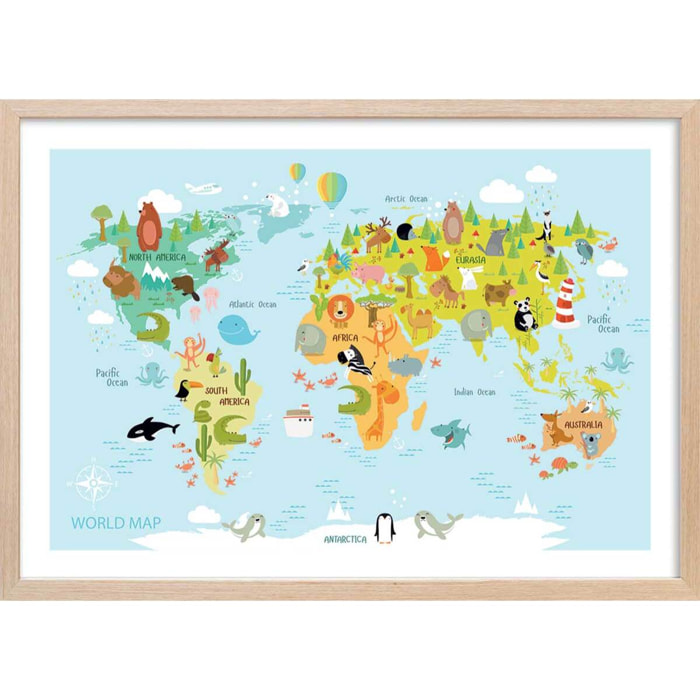 Affiche world map animals Affiche + cadre en bois - Chêne