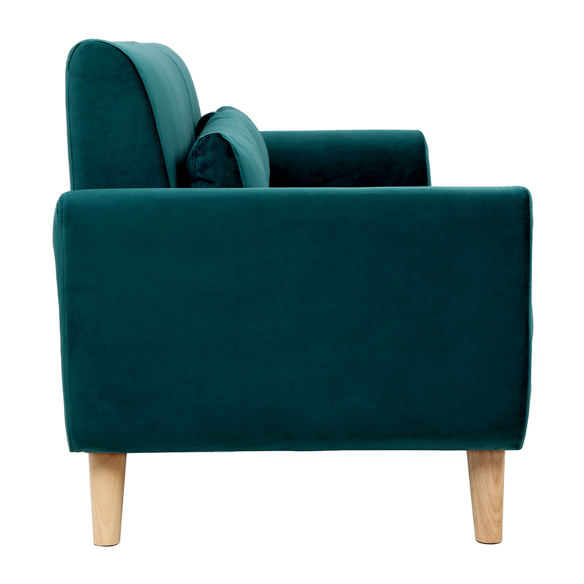 Canapé scandinave 3 places en tissu velours bleu pétrole et bois clair EKTOR