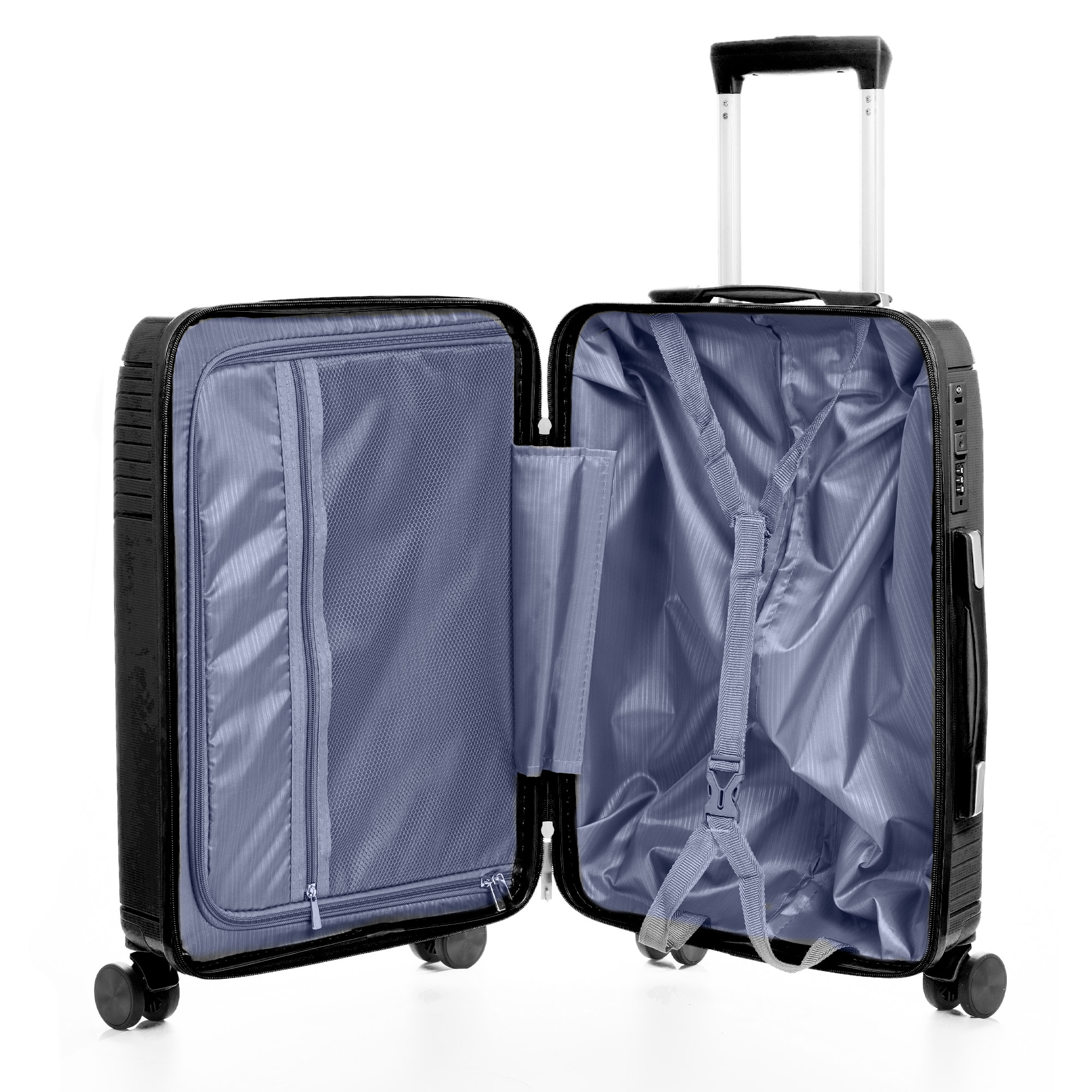 Set di 3 valigie Trolley in PP resistente alla rottura. Lucchetto numerico TSA, 4 doppie ruote girevoli a 360°.