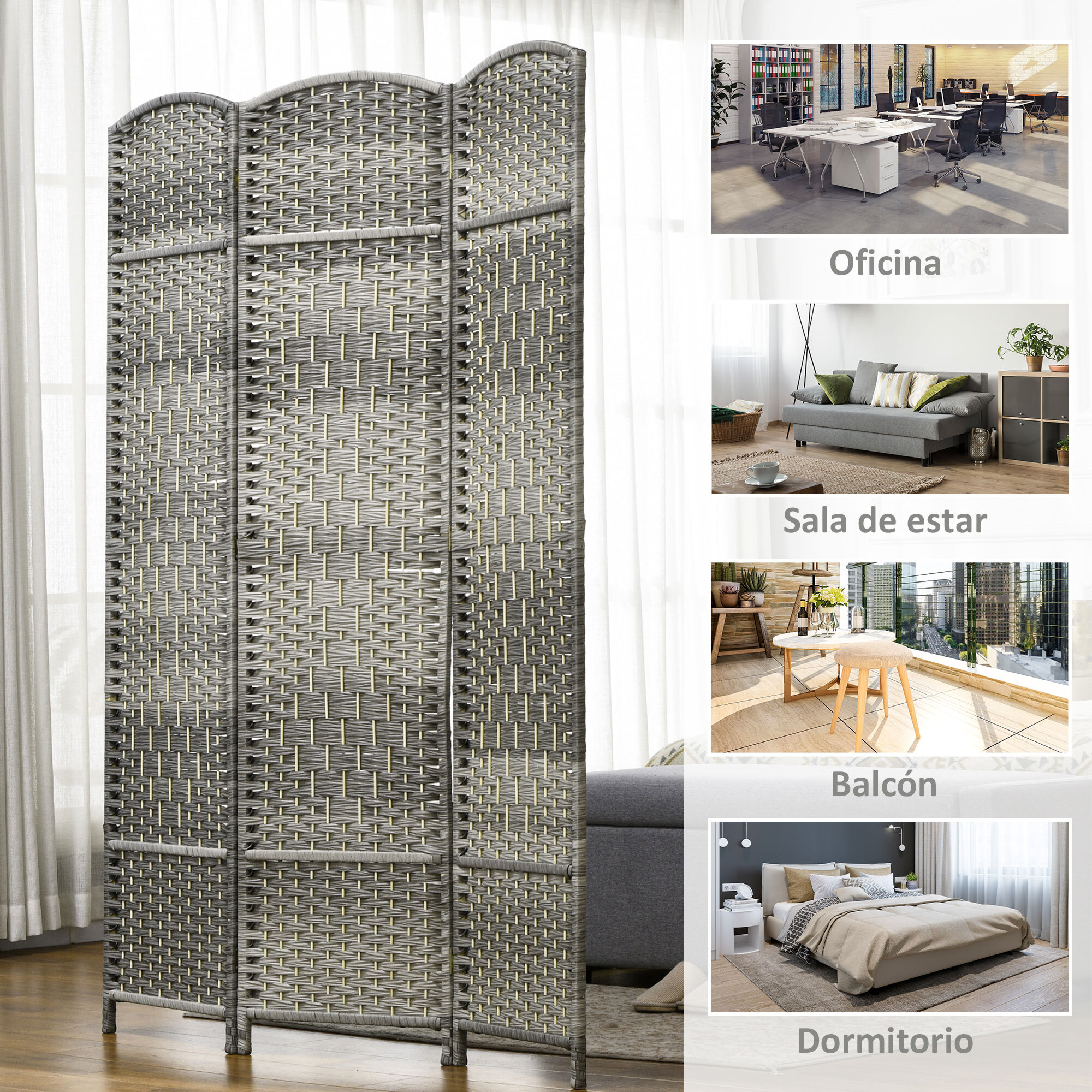 Biombo Plegable de 3 Paneles 135x180 cm Biombo Separador de Ambientes Pantalla de Privacidad de Polipropileno para Oficina Dormitorio Gris Mixto