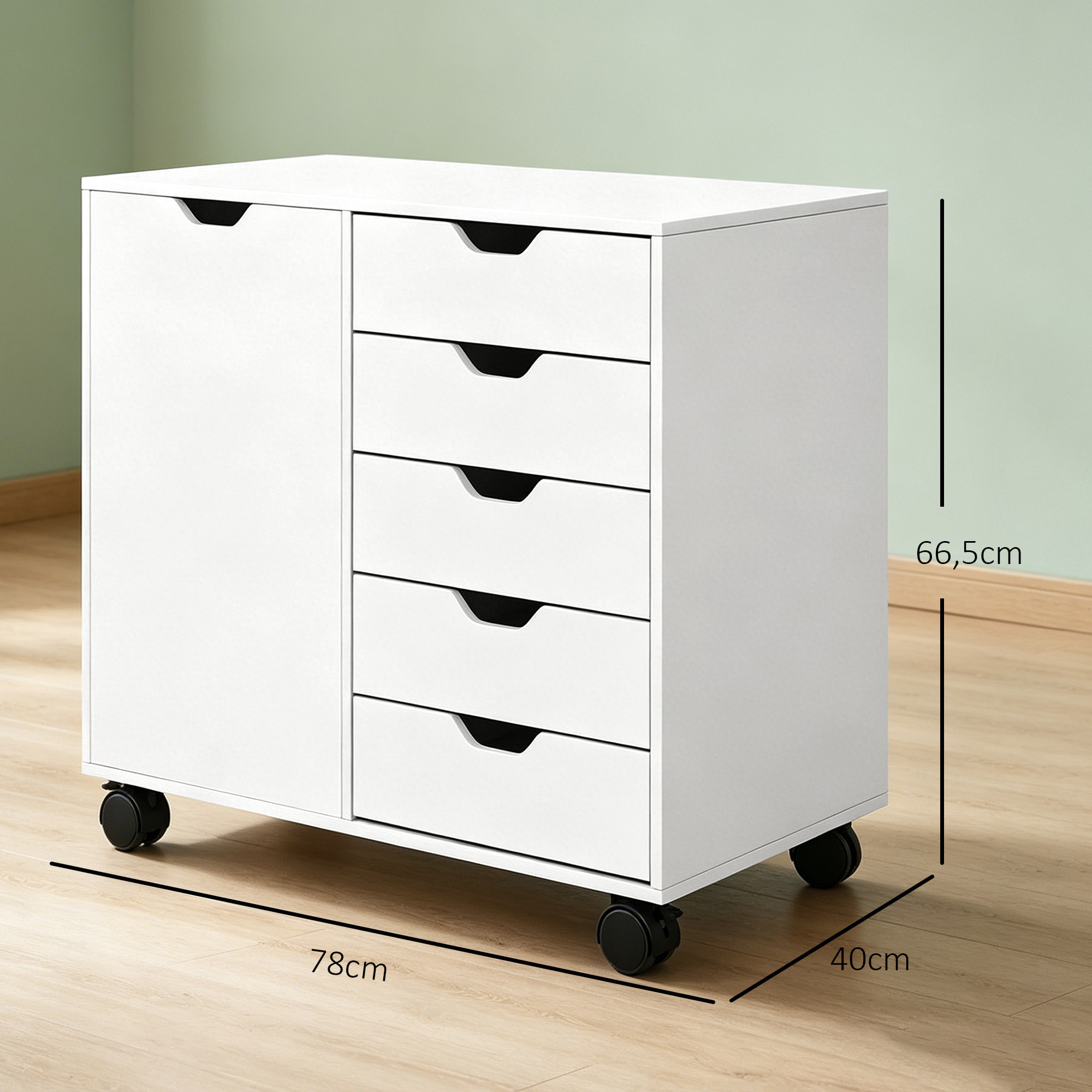 Cajonera de Escritorio con 5 Cajones, Cajonera de Oficina con Ruedas, Estante Ajustable, Soporte para Impresora para Estudio, Salón, 78x40x66,5 cm, Blanco