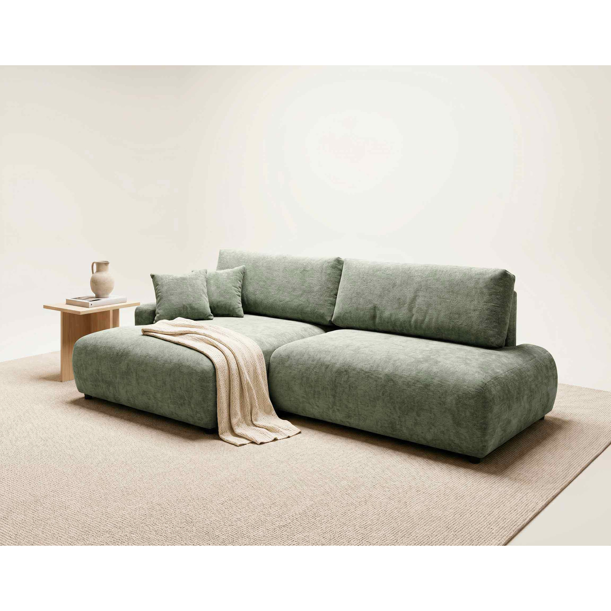 Pivoine - Canapé d'angle ouvert gauche 4 places convertible avec coffre en tissu texturé - Vert sauge