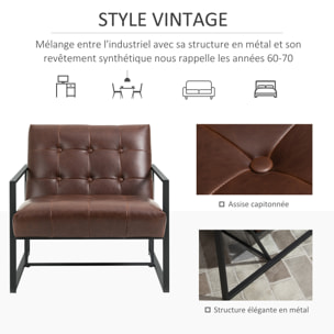 Fauteuil lounge Chesterfield assise dossier capitonnés structure métal noir revêtement synthétique chocolat