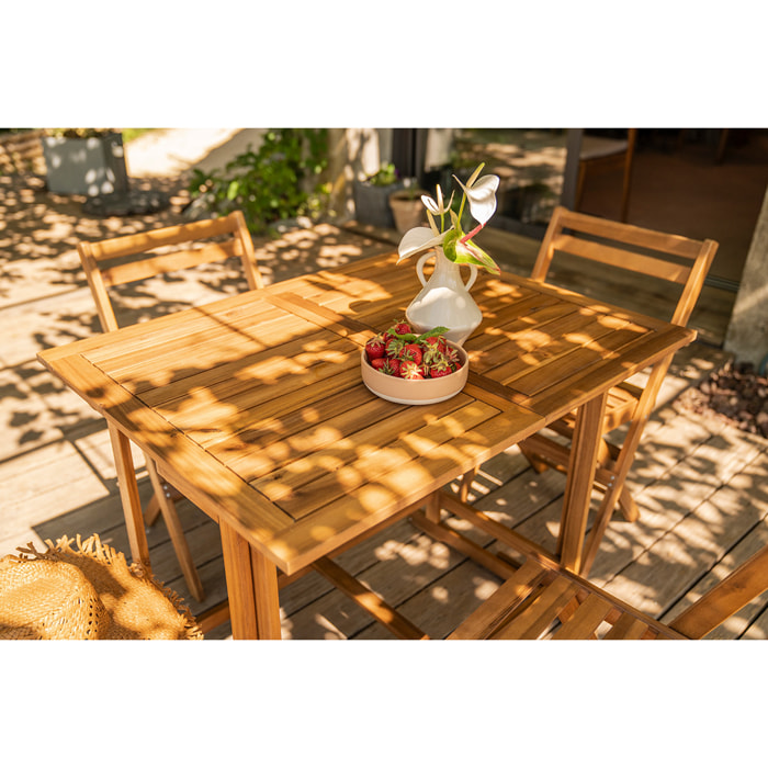 Set d'une table extensible avec rangements et de 4 chaises pliantes en bois massif CARMEN