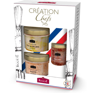 Coffret Créations de nos chefs: bloc de foie gras de canard, chutney et rillettes - 230g