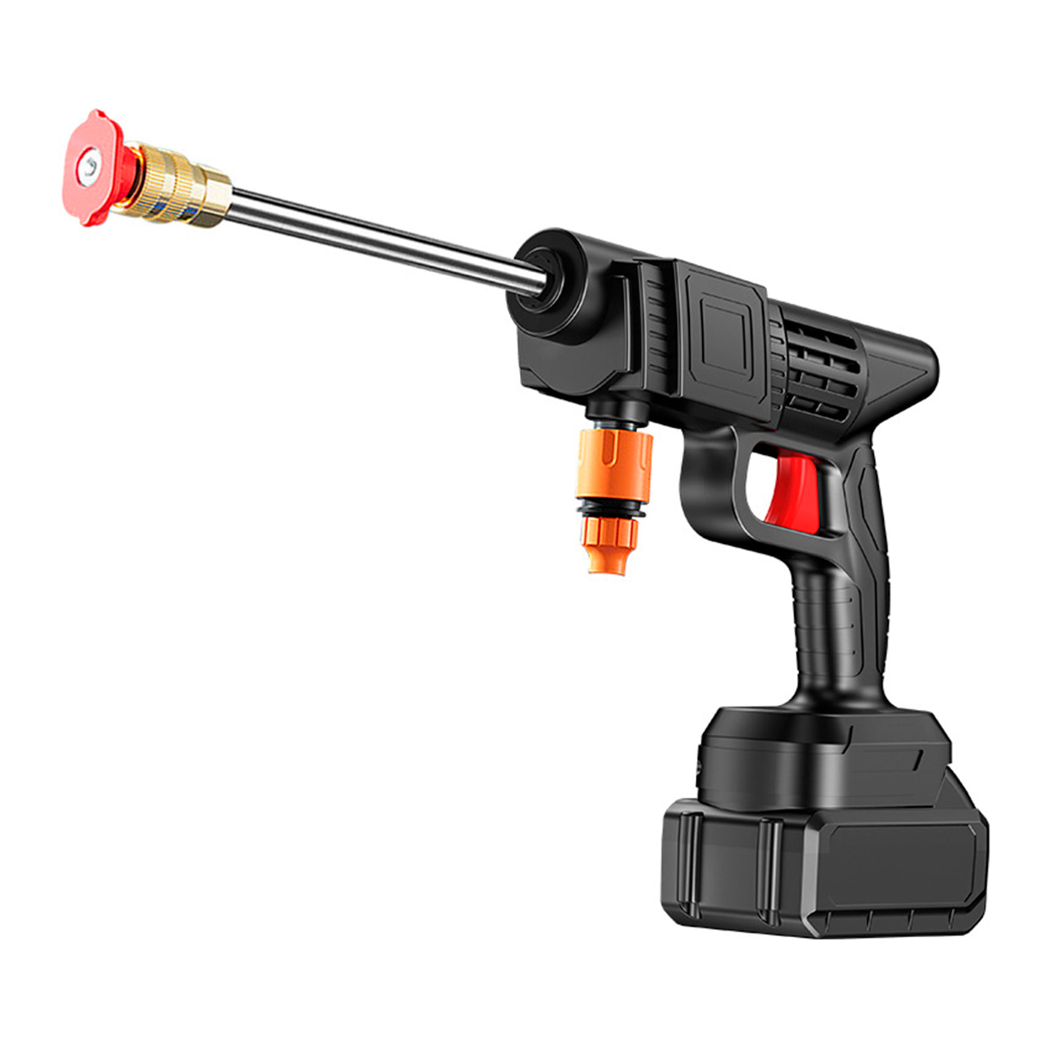 Pistola de lavado a presión 21V con DOBLE BATERIA extraíble de 6500 mAh y 3 adaptadores de lavado diferentes.