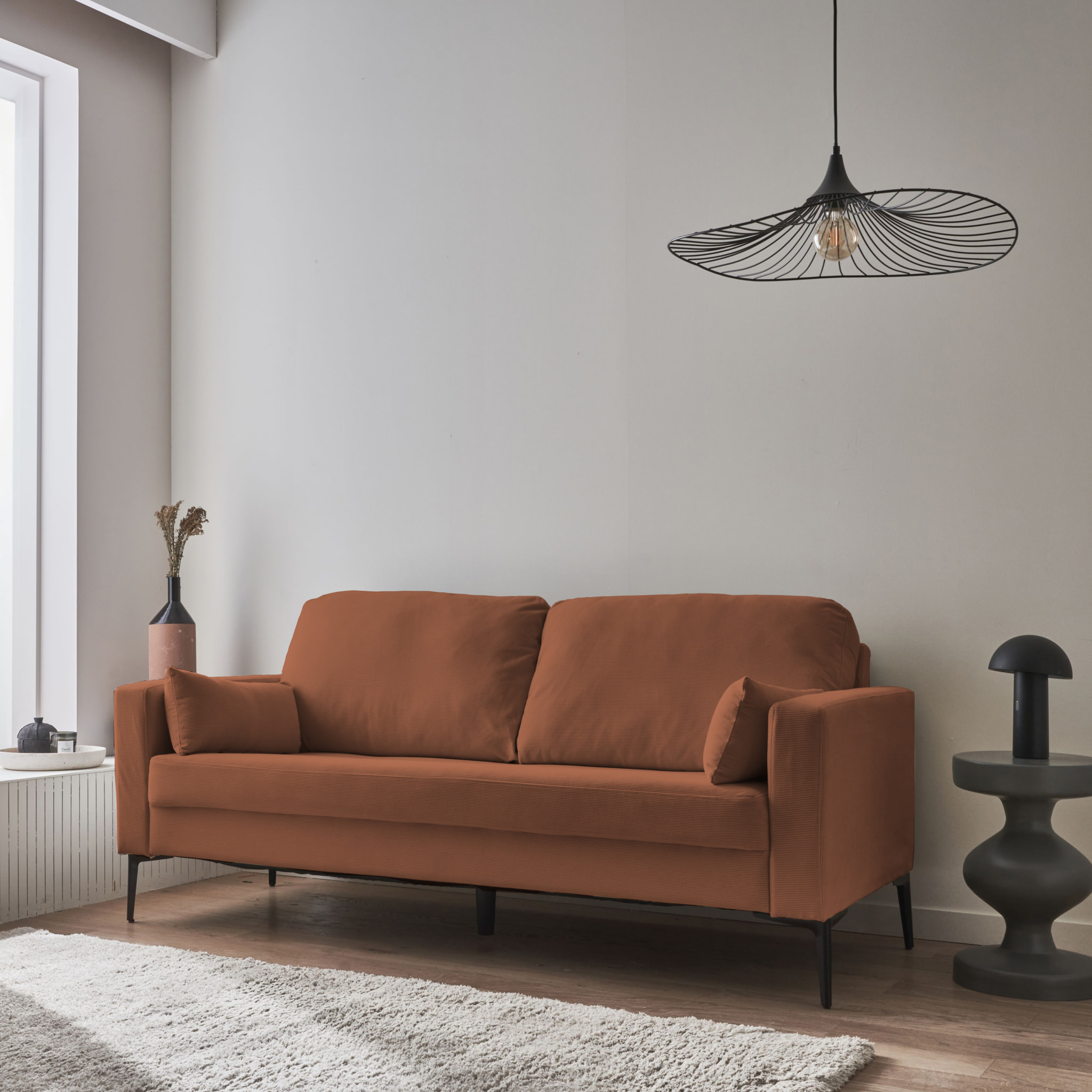 Canapé 3 places pieds métal velours côtelé BJORN