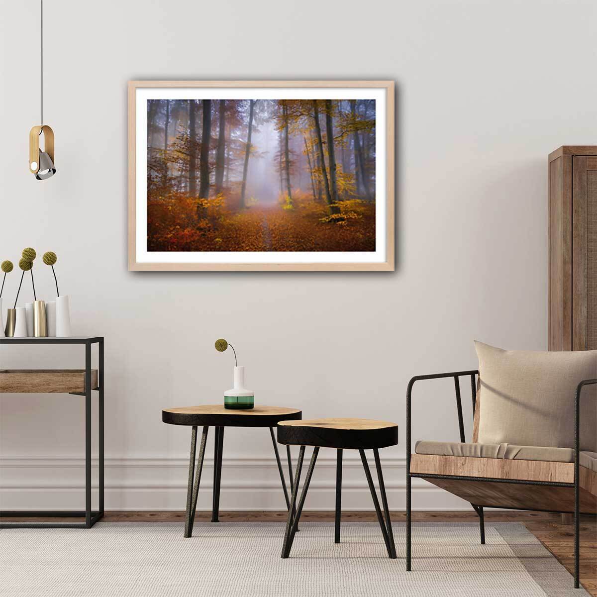 Affiche Chemin d'automne Affiche + cadre en bois - Chêne