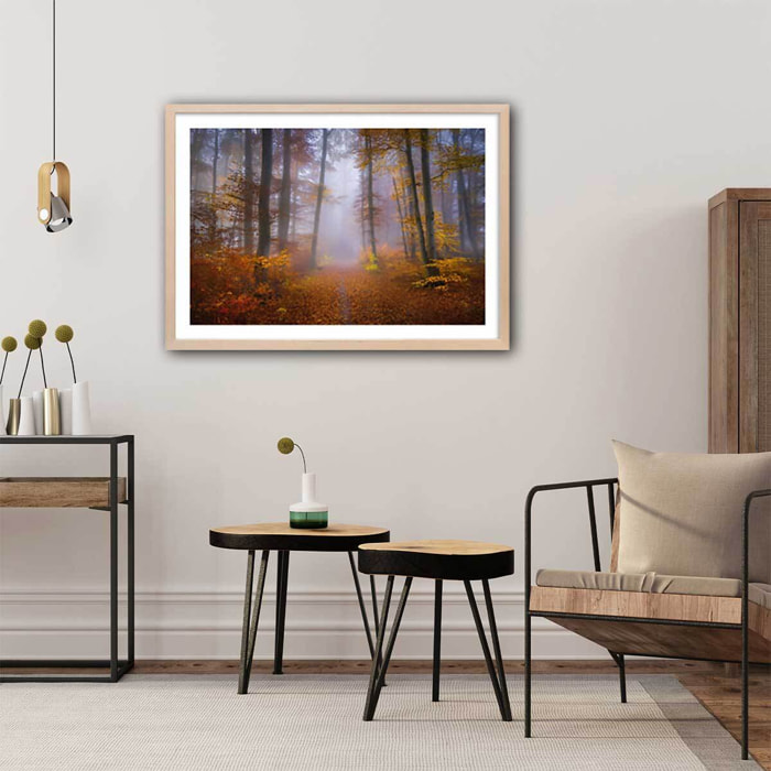 Affiche Chemin d'automne Affiche + cadre en bois - Chêne