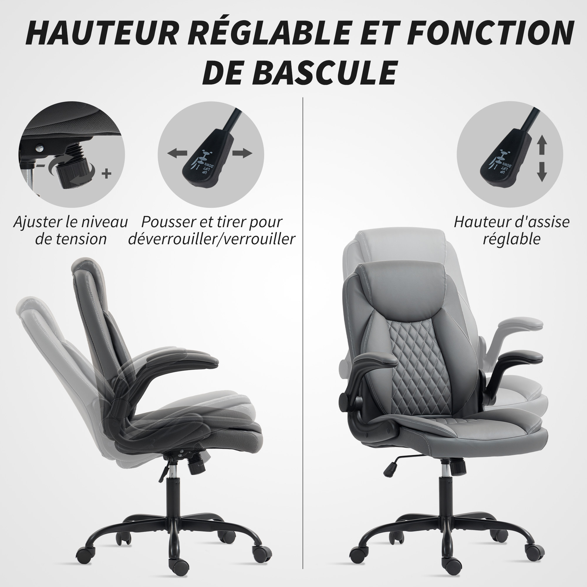 Chaise de bureau design Chesterfield accoudoirs relevables grand confort synthétique gris foncé