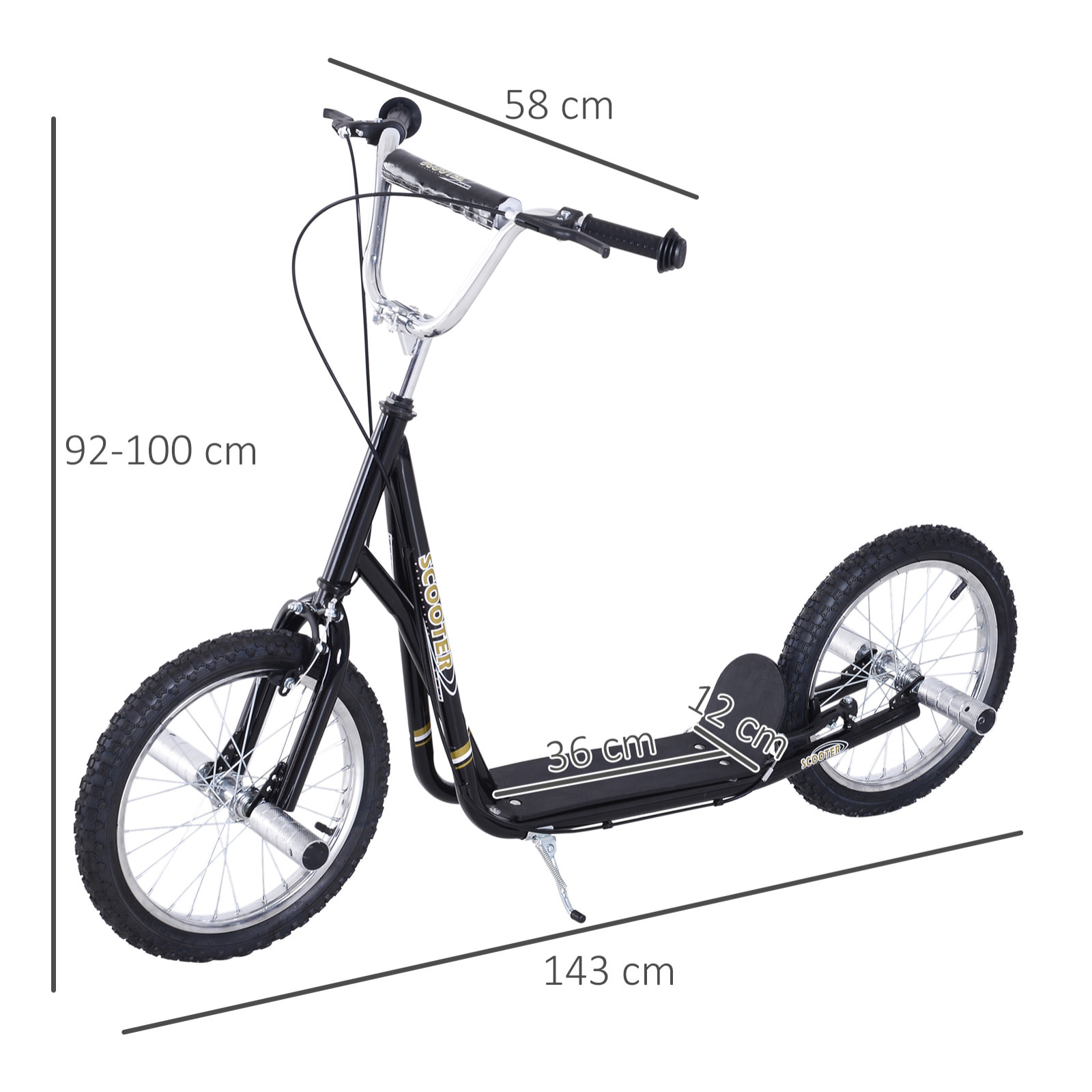 Trottinette patinette freestyle grandes roues pneumatiques Ø 41 cm hauteur guidon réglable béquille pegs inclus acier noir