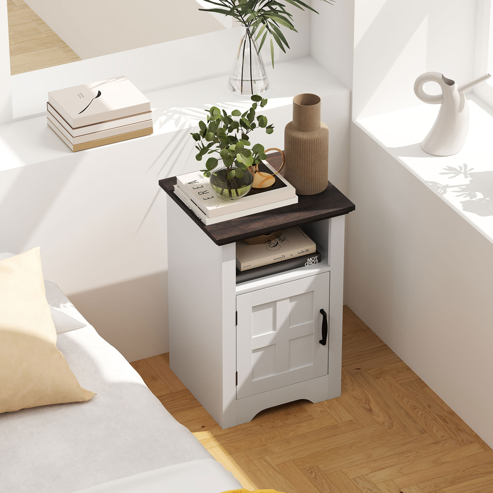 Juego de 2 Mesas Auxiliares para Salón Mesitas de Noche con Puerta Estilo Granero y Estante Abierto Mesas de Centro Pequeñas Rústicas para Dormitorio 40x35x60 cm Blanco