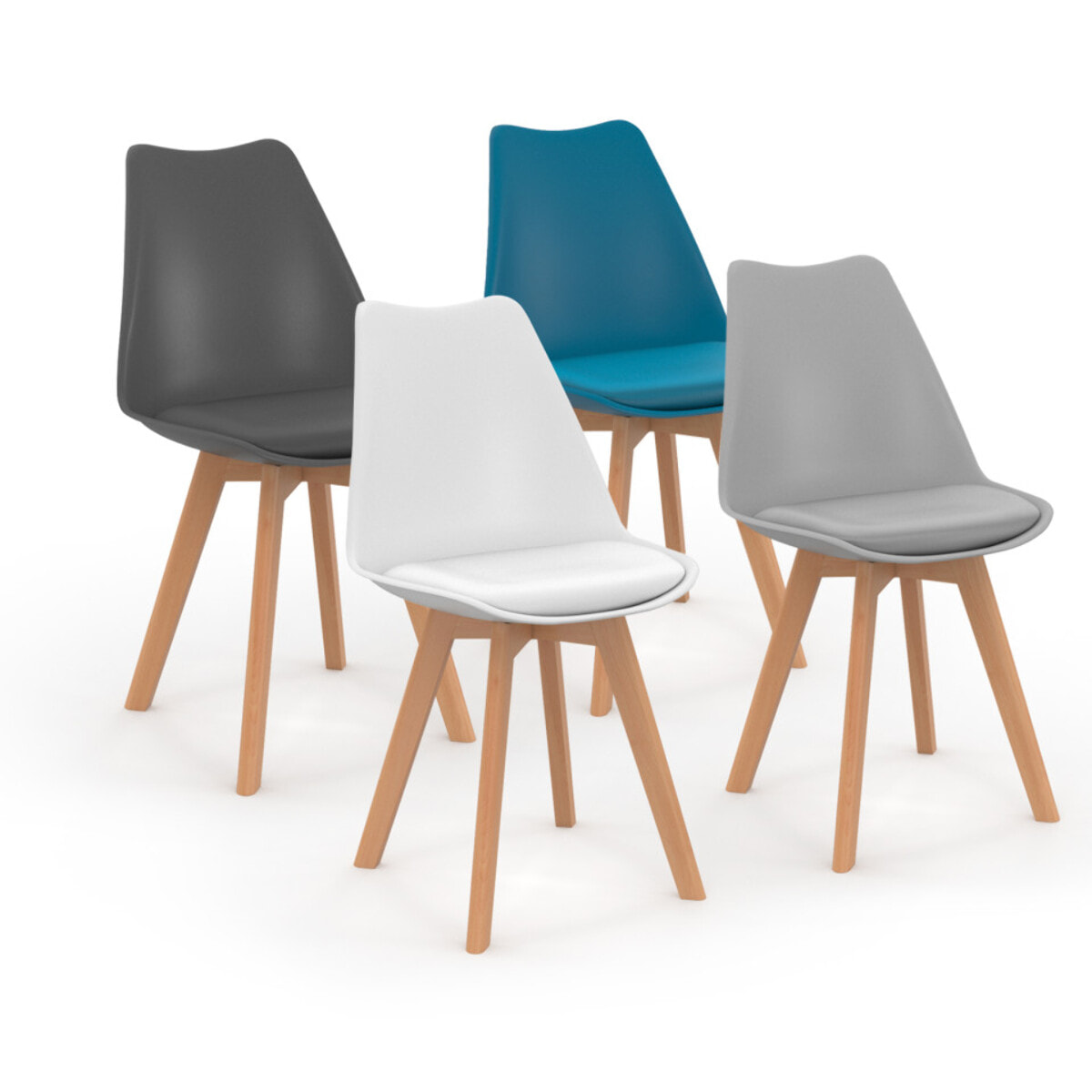 Chaises Nordia mix couleurs (blanc, gris et bleu canard) - lot de 4
