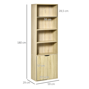 HOMCOM Estantería Librería con 4 Compartimentos Abiertos y 1 Armario con 2 Estantes Almacenaje Libros Plantas para Salón Estudio 59x29x180 cm Madera Natural