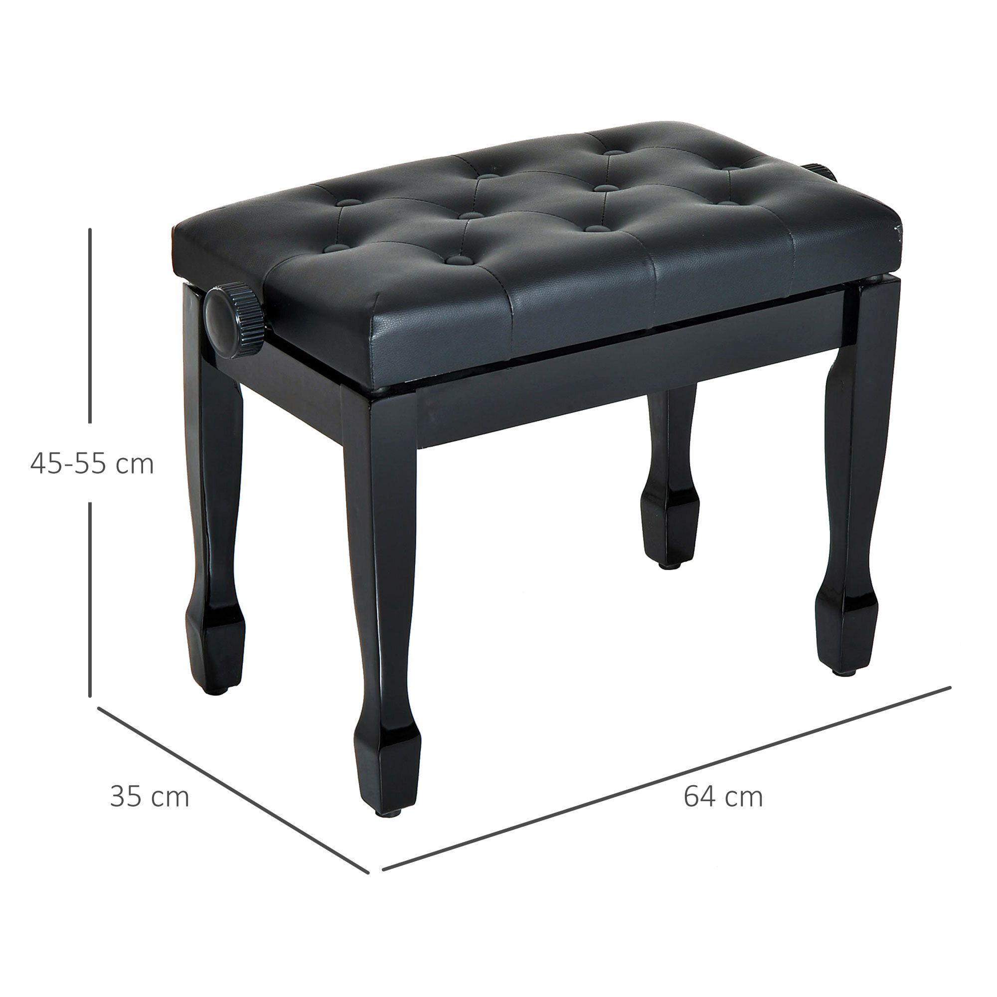 Banco de Piano, Altura Ajustable, Banqueta de Piano con Asiento de Cuero Sintético, Patas de Madera, Carga Máxima 200 kg, 64x35x55 cm, Negro