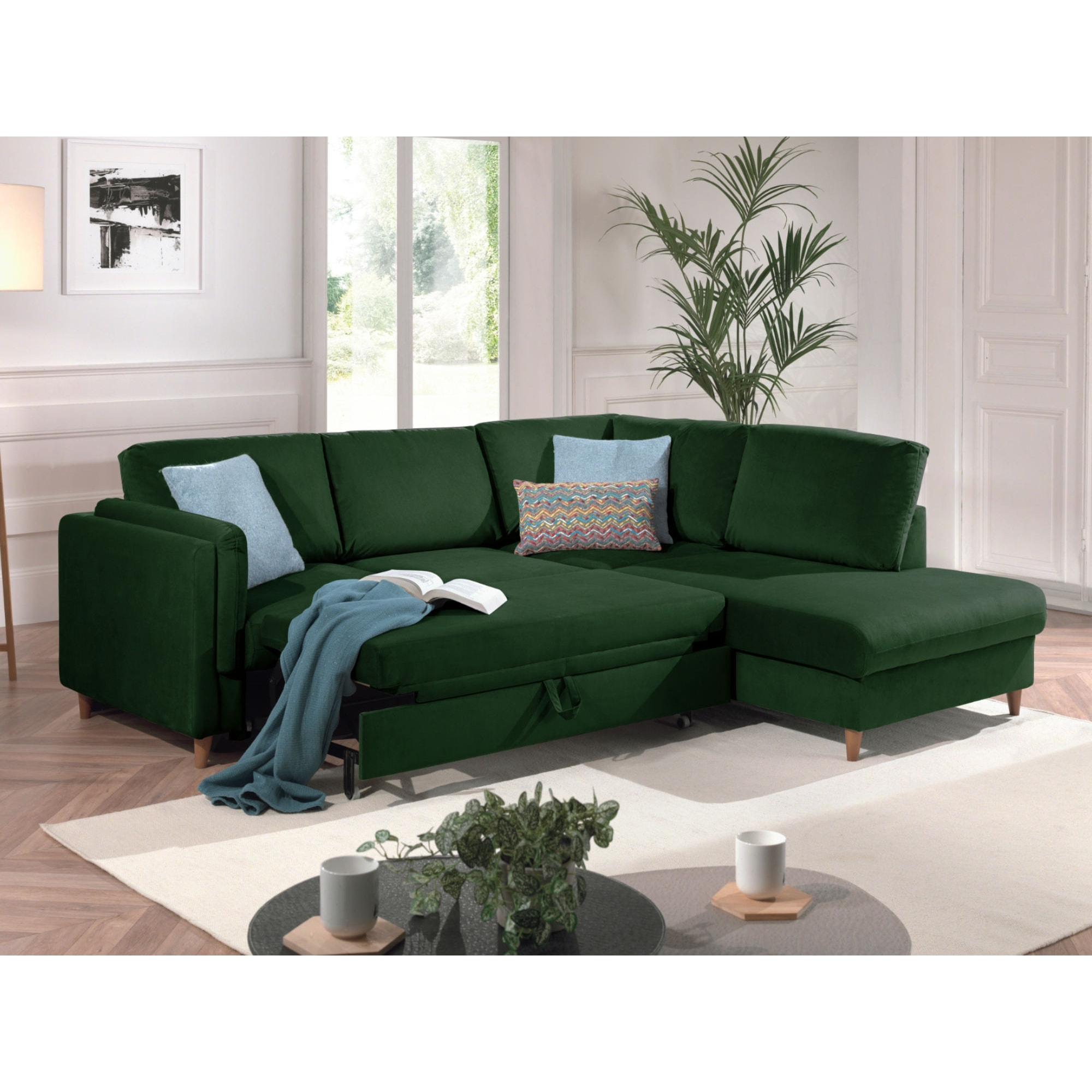 Brooke - canapé d'angle droit - convertible - 5 places - en velours - Vert