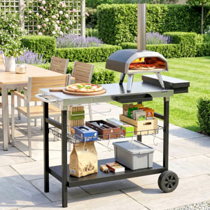 Desserte jardin 3 niveaux panier amovible 4 crochets poignée latérale acier inox noir
