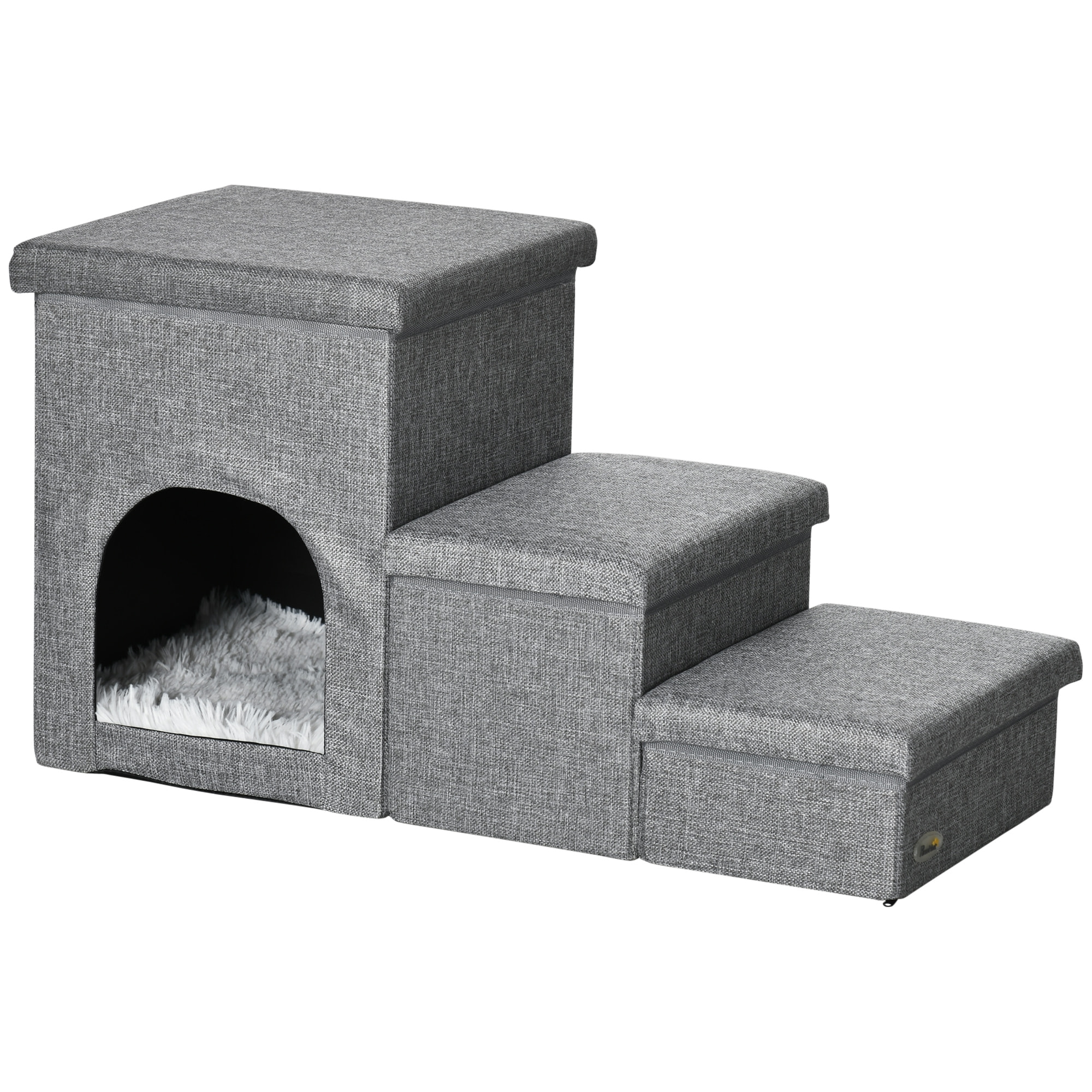 Escalier pour chat chien niche coffre 3 en 1 - 3 marches, coussin inclus - revêtement tissu rembourré doux - structure MDF - gris