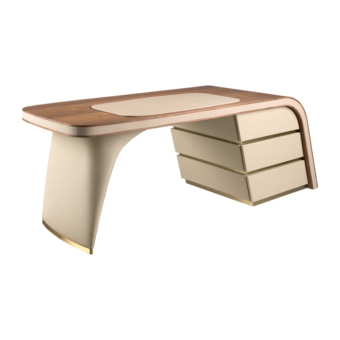 Escritorio de madera chapada en nogal natural con un tapizado en polipiel en crema 215x80x75cm