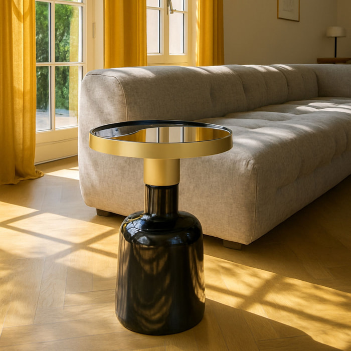 Meuble d'appoint rond en métal émaillé noir et doré PAMONA