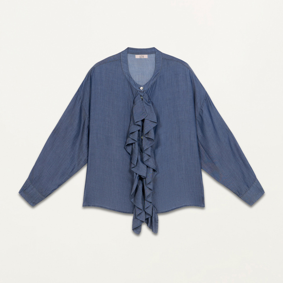 Oltre - Camicia in chambray con volant - Blu