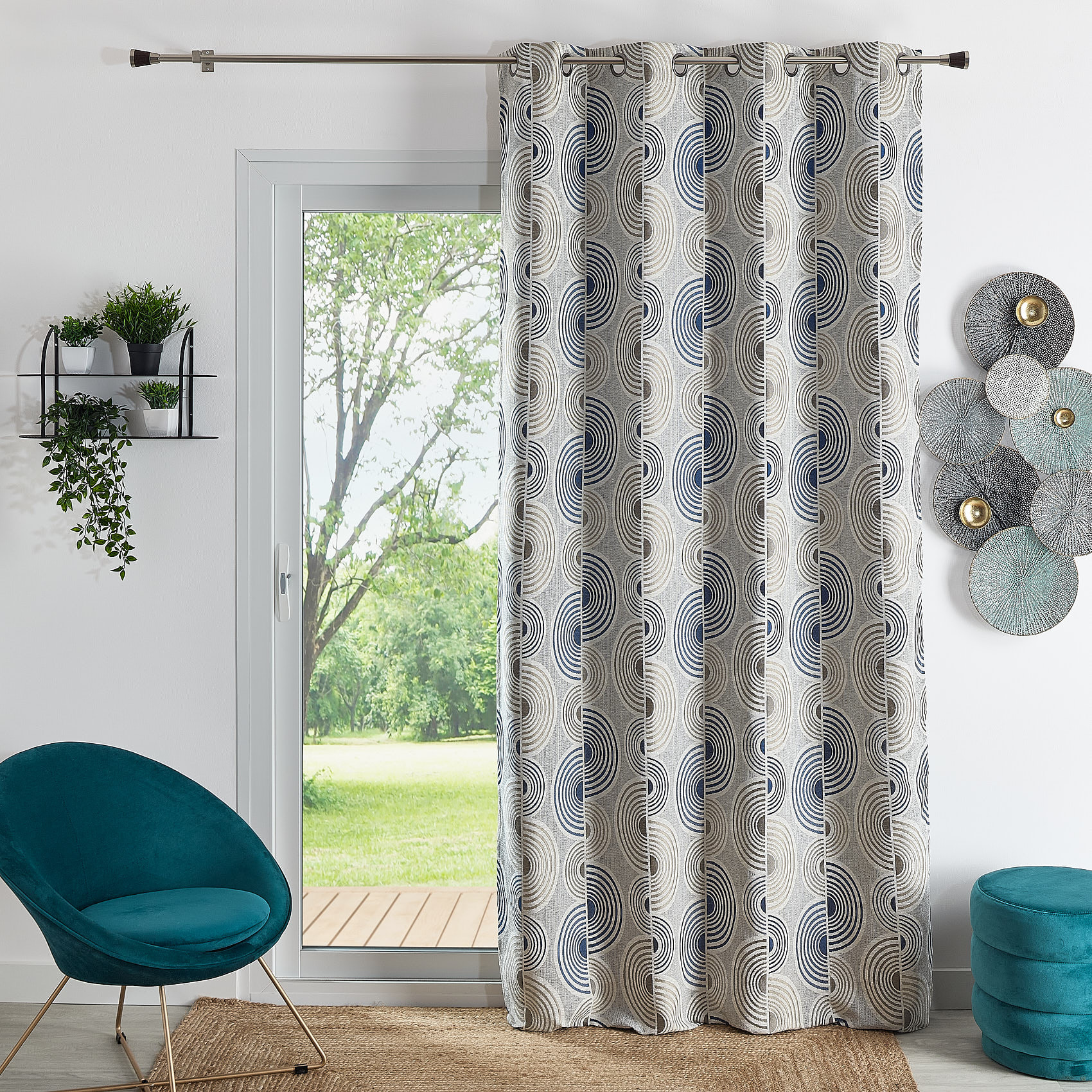 Rideau Jacquard Motif Demi-Cercles - Bleu
