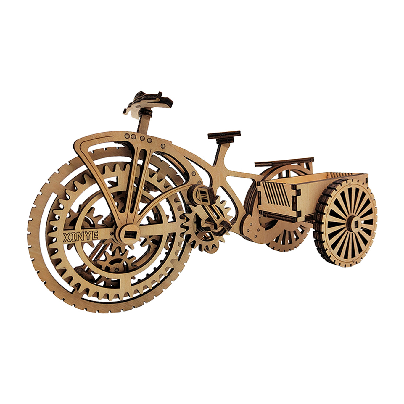 Maqueta de Madera 3D, con movimiento mecánico diseño de Tarjetero Triciclo. 72 piezas.