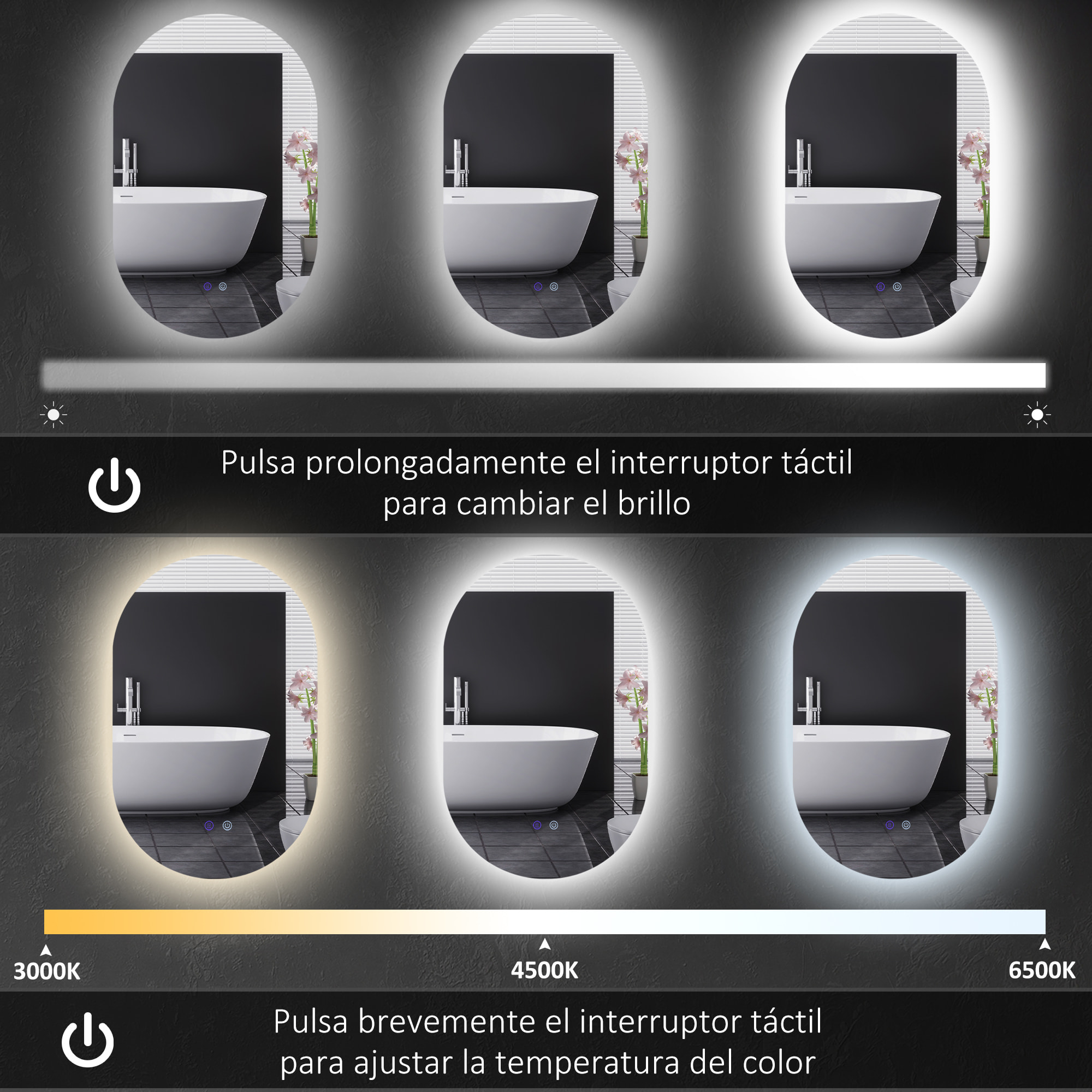 Espejo de Baño con Luces LED 81x51 cm Espejo de Pared con 3 Colores Ajustables Función Antivaho Interruptor Táctil IP44 Horizontal o Vertical Plata