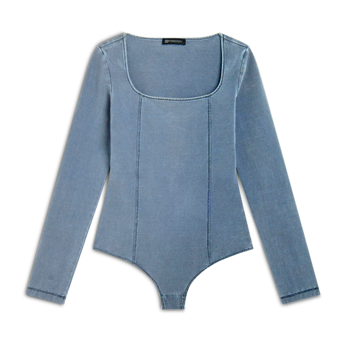 Body scollo quadrato in jersey effetto denim