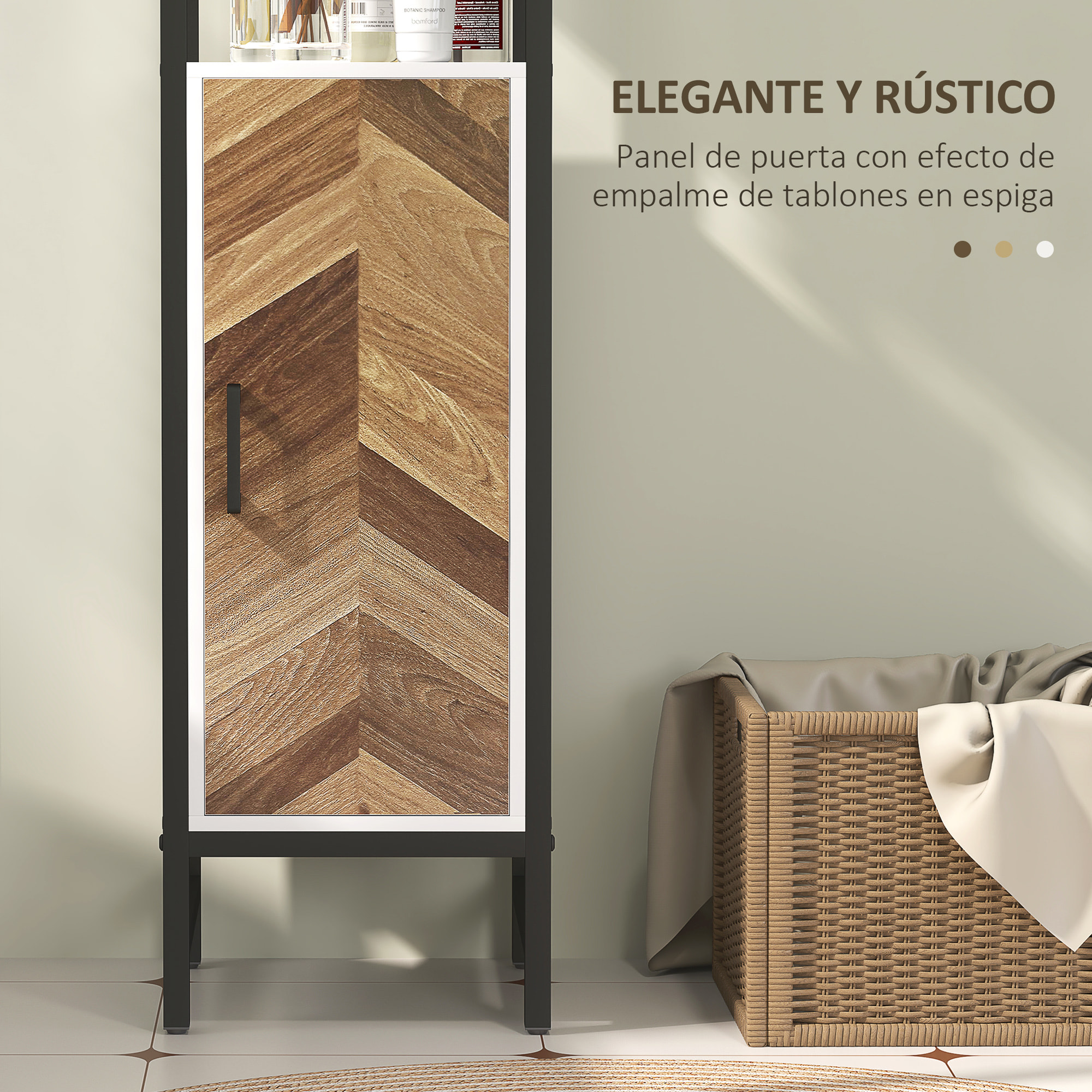 Columna de Baño Armario Alto de Baño con 3 Estantes Abiertos 1 Puerta y Estante Ajustable Mueble Auxiliar de Baño con Sistema Anti-vuelco 30x30x170 cm Blanco y Nogal