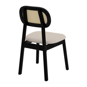 Lot de 2 chaises en bois noir, tissu beige et rotin synthétique - Maria