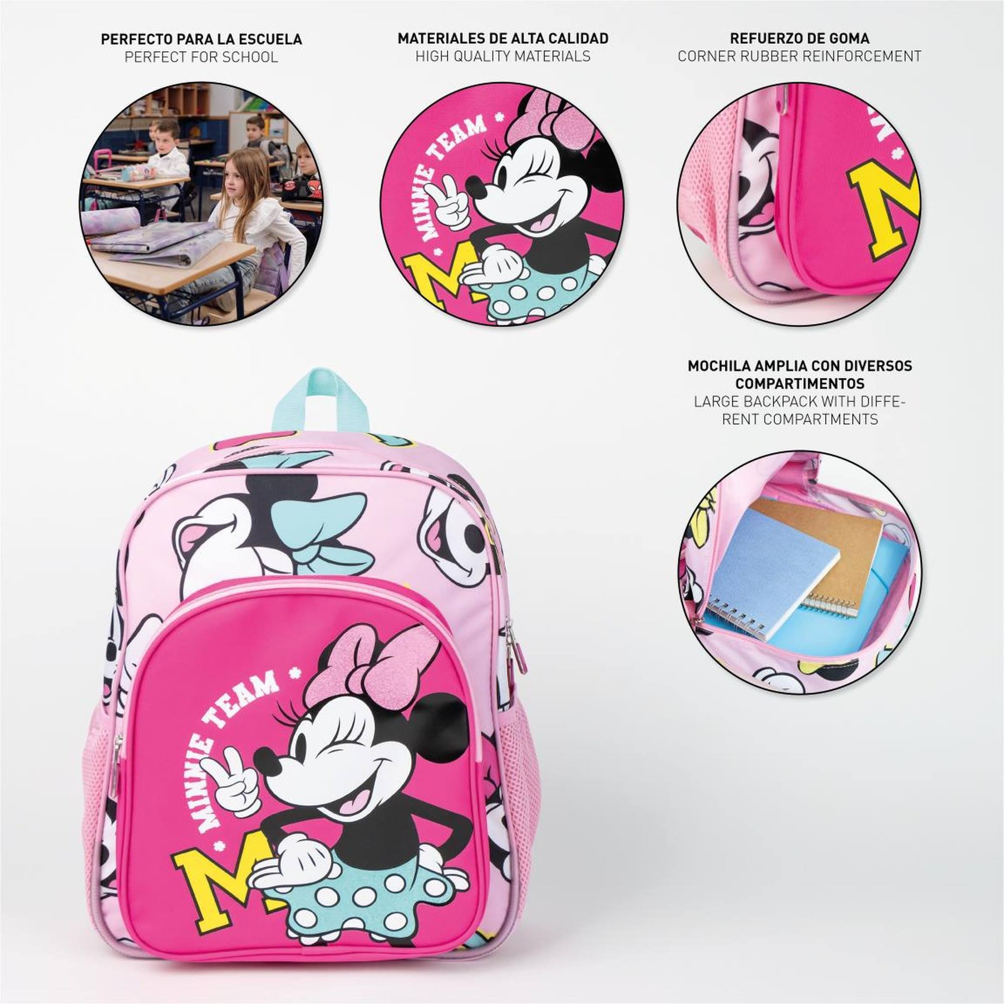 Mochila escolar de minnie - color fucsia - 31 x 12 x 38 cm - cierre de cremallera - asa ajustable - mochila resistente y duradera