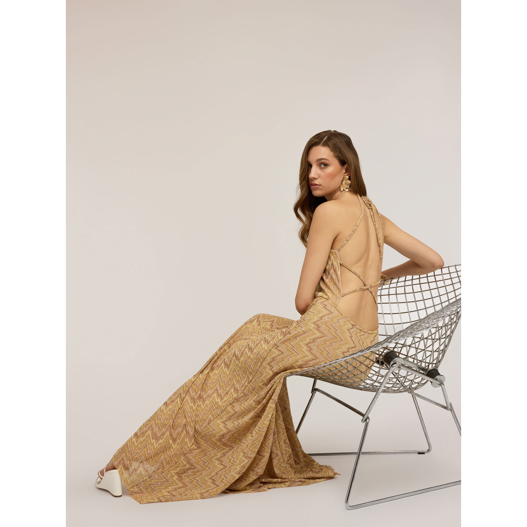 Motivi - Vestido flare largo mezcla lurex - Beige