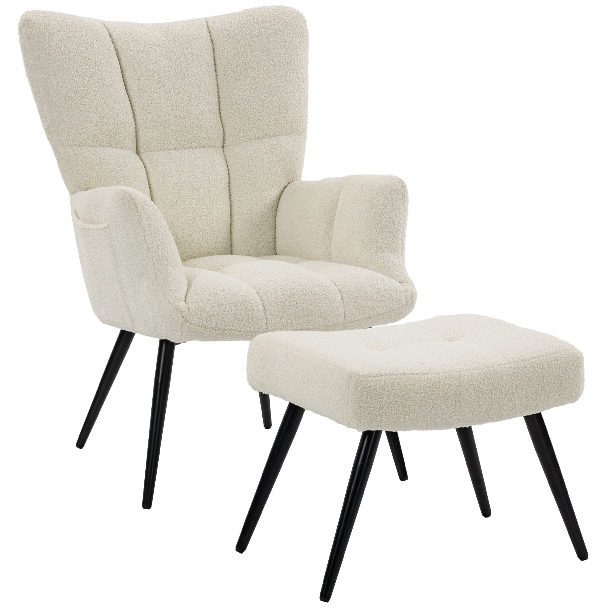 Fauteuil avec repose-pieds design bouclette crème noir