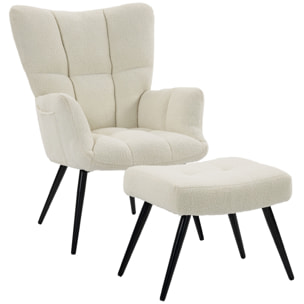 Fauteuil avec repose-pieds design bouclette crème noir