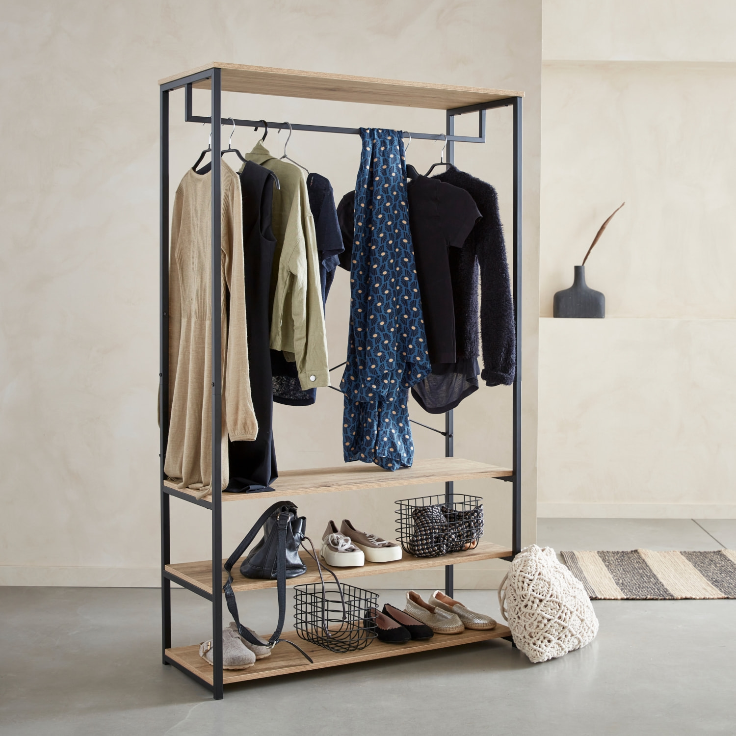 Meuble d'entrée métal et décor bois 3 niveaux avec barre de penderie LOFT