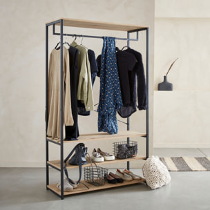 Meuble d'entrée métal et décor bois 3 niveaux avec barre de penderie LOFT