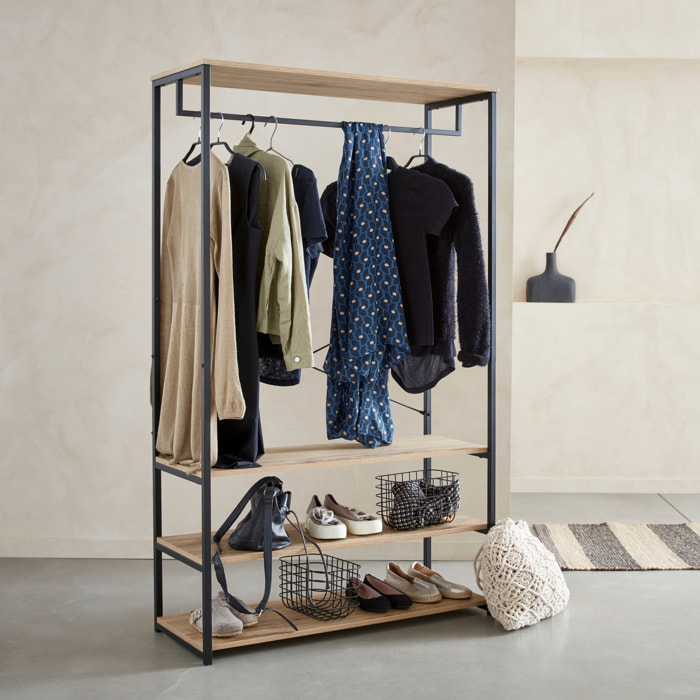 Meuble d'entrée métal et décor bois 3 niveaux avec barre de penderie LOFT