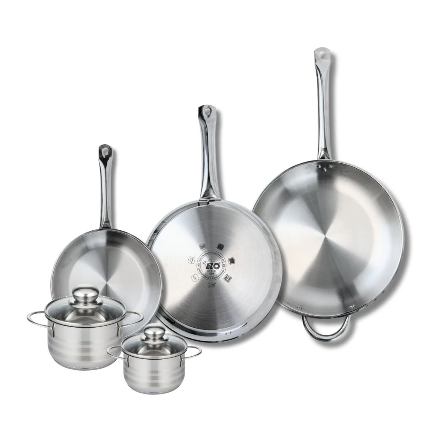 Ensemble de 3 Poêles de cuisson 24, 28 et 32 cm et 2 faitouts 12 et 14 cm Elo Profi Brillant