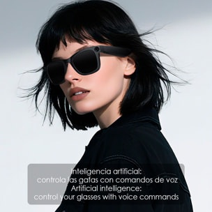 Gafas inteligentes E2. Con cámara de 8MPX, vídeos en 1080p, traductor AI en tiempo real y control de música/llamadas. Con lentes oscuras y transparentes.