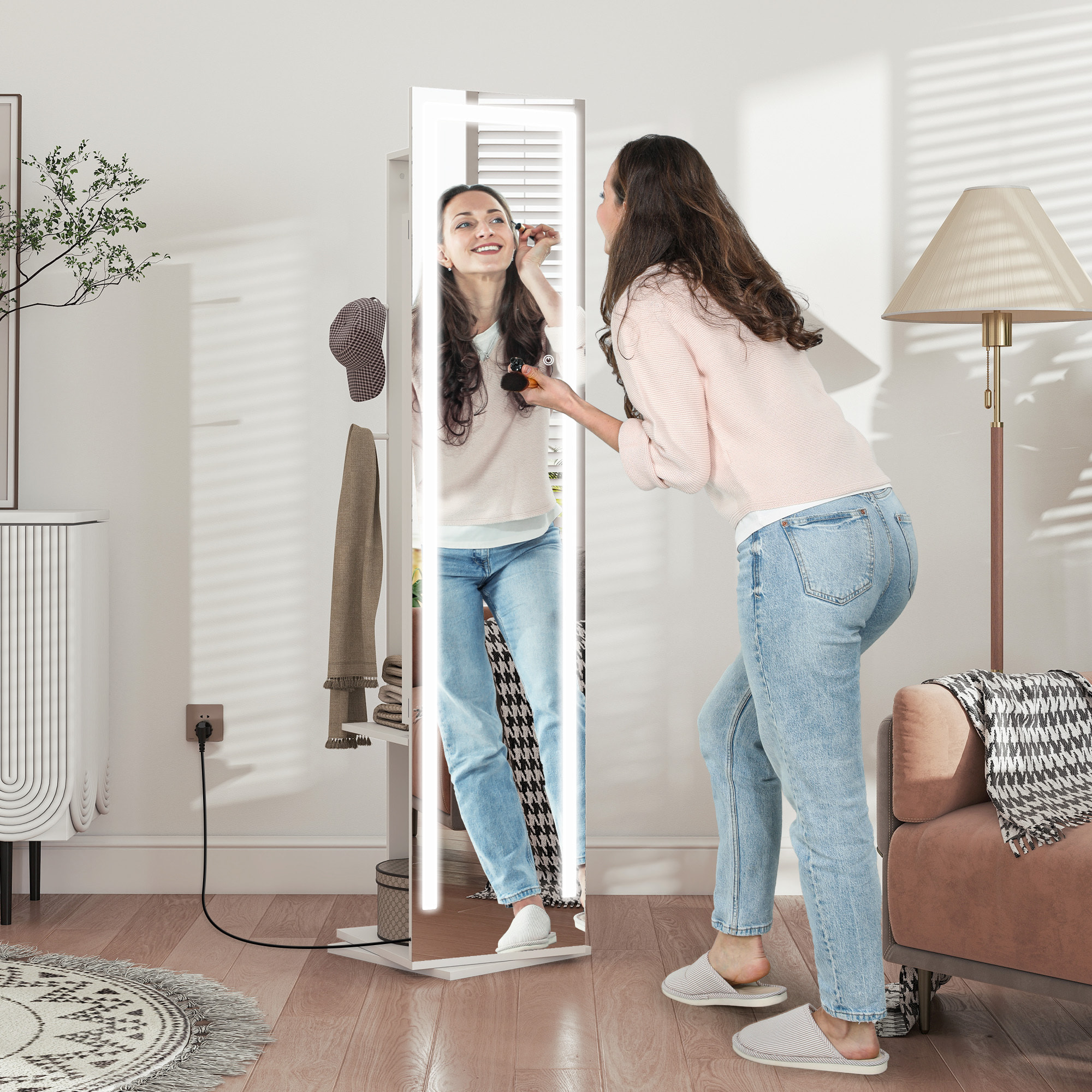 Espejo Joyero con Luces LED, Armario para Joyas, Armario Joyero con Espejo Entero, Perchero, Giratorio de 360°, Estantes Abiertos, Barras para Colgar, Blanco