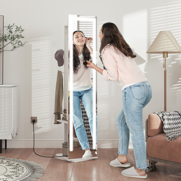 Espejo Joyero con Luces LED, Armario para Joyas, Armario Joyero con Espejo Entero, Perchero, Giratorio de 360°, Estantes Abiertos, Barras para Colgar, Blanco